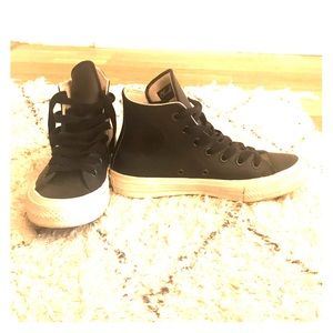 Black faux leather Converse High Tops